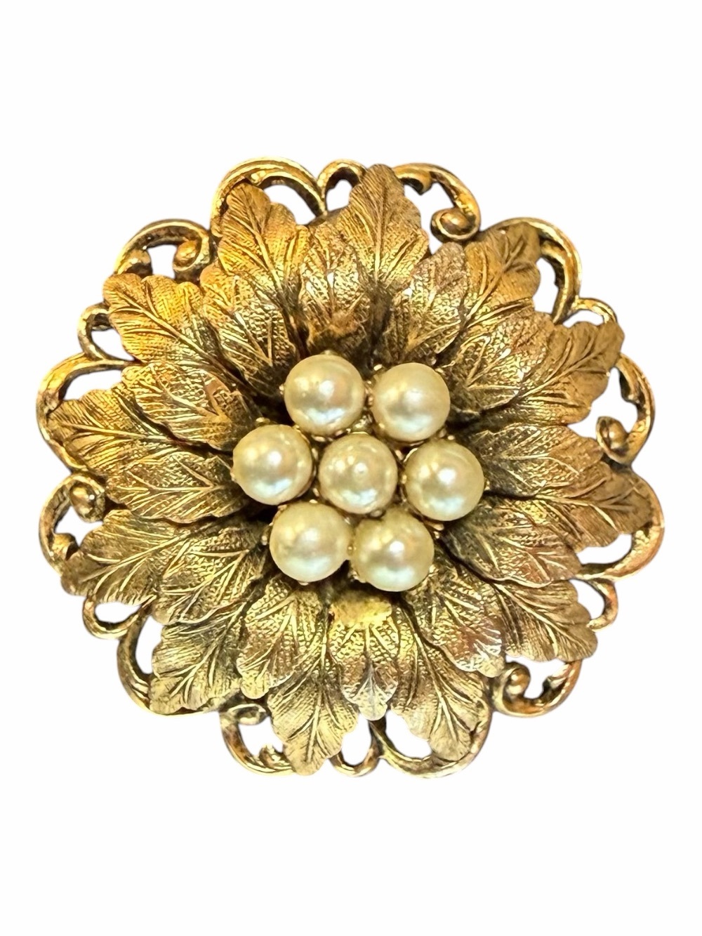 Gold Tone Floral Pearl Cluster Brooch or Pendant Vintage Inspired Unmarked
